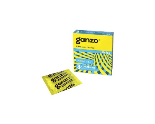 Презервативы Ganzo, ribs, латекс, ребристые, 18 см, 5,2 см, 3 шт.