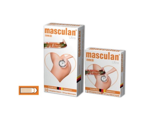 Презервативы Masculan, ultra 3, латекс, кольца, точечные, анестетик, 19 см, 5,3 см, 10 шт.
