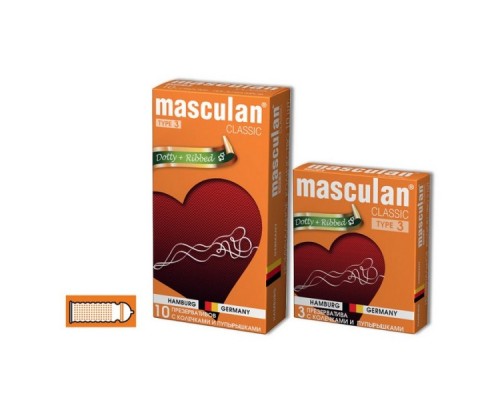 Презервативы Masculan, сlassic 3, doty, латекс, кольца, точечные, розовые, 19 см, 5,3 см, 3 шт.