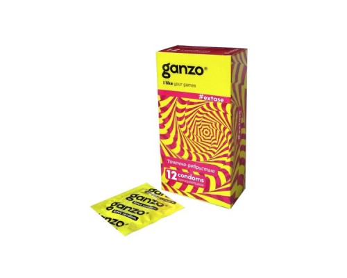 Презервативы Ganzo, extase, латекс, точечные, ребристые, анатомичные, 18 см, 5,2 см, 12 шт.